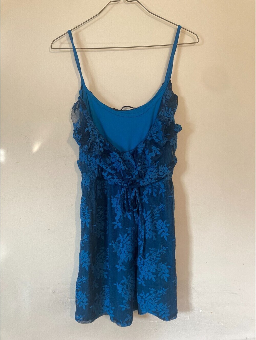 BeBop Royal Blue Tank Strappy Dress w/Back Lace & Bue Floral Overlay - size M